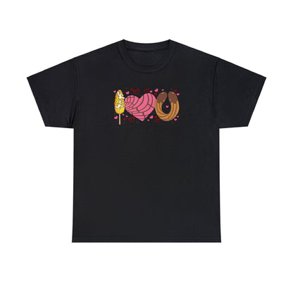 I love you shirt with elote, concha y churro. Mexican Unisex Heavy Cotton Tee. Mexican Valentines Day. Pan dulce shirt.