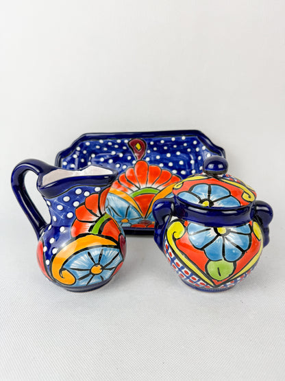 Mexican Talavera Coffee Sugar and Creamer Set With Serving Tray 3 Piece Set