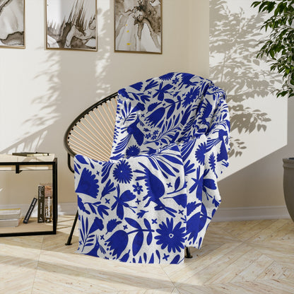 Blue and white Otomi soft blanket for Mexican home decor