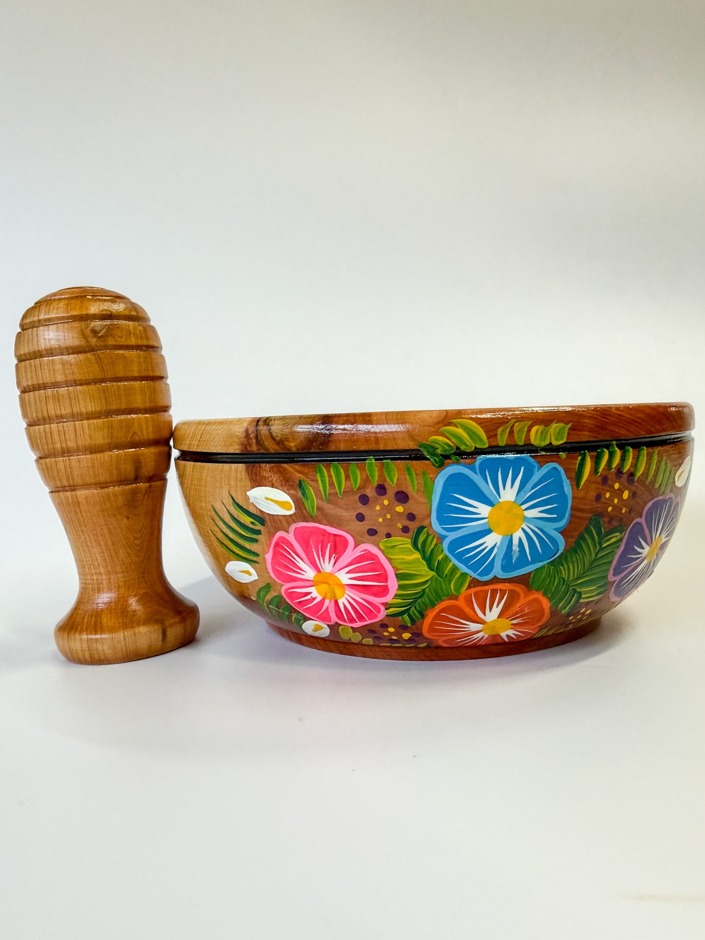 Mexican Hand painted Wooden Mortar And Pestle - Molcajete Parota