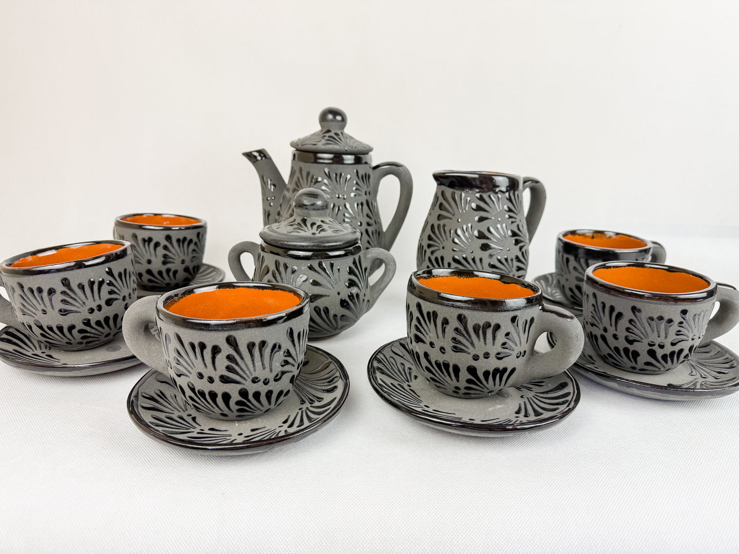 Mexican Black Talavera Style Tea Set Set 15pc Juego de Te