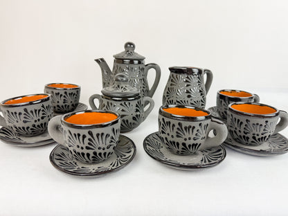 Mexican Black Talavera Style Tea Set Set 15pc Juego de Te