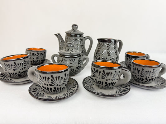 Mexican Black Talavera Style Tea Set Set 15pc Juego de Te