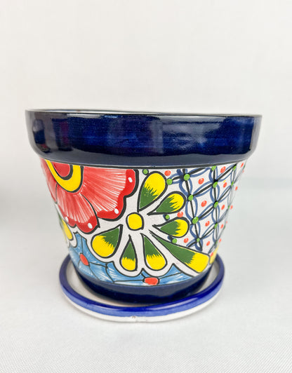 Talavera Mexican Flower Pot With Saucer Maceta Con Plato Colorful Blue