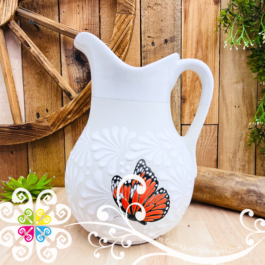 Monarch Butterfly White Large Clay Pitcher - Jarro de Barro Mariposa