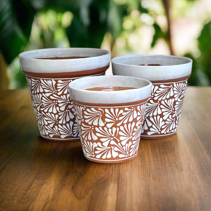 Set of 3 Talavera Flower Pots | Brown & White Terracotta Planters