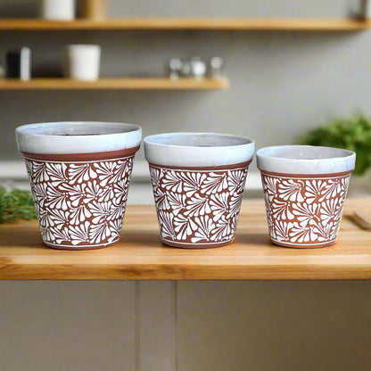 Set of 3 Talavera Flower Pots | Brown & White Terracotta Planters