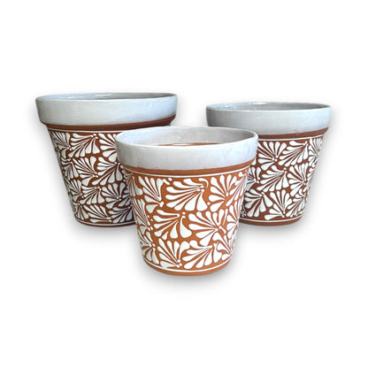 Set of 3 Talavera Flower Pots | Brown & White Terracotta Planters