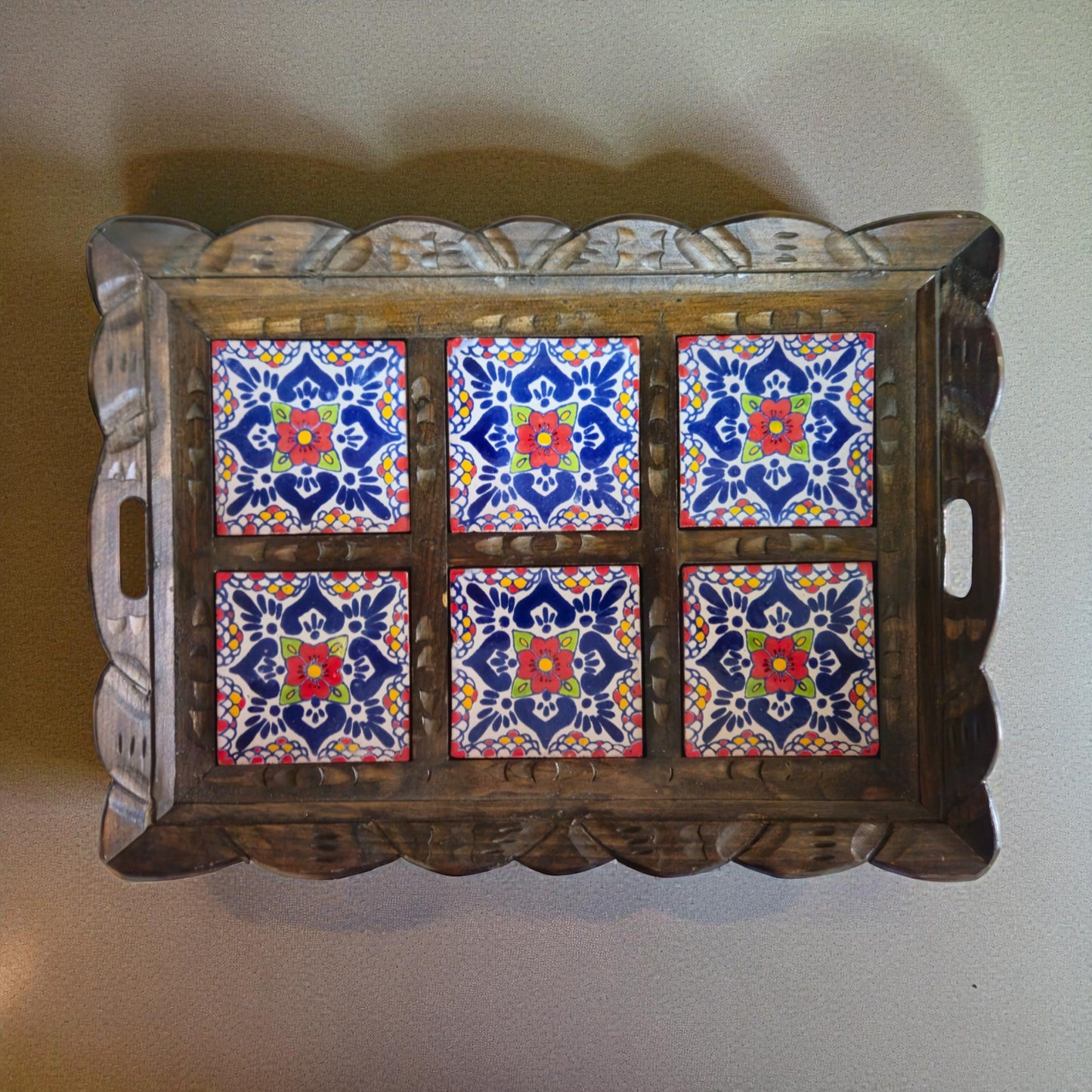 Handcrafted Talavera Tile Serving Tray | Mexican Wooden Tray