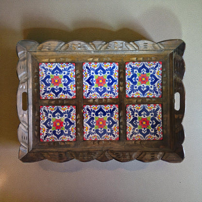 Handcrafted Talavera Tile Serving Tray | Mexican Wooden Tray