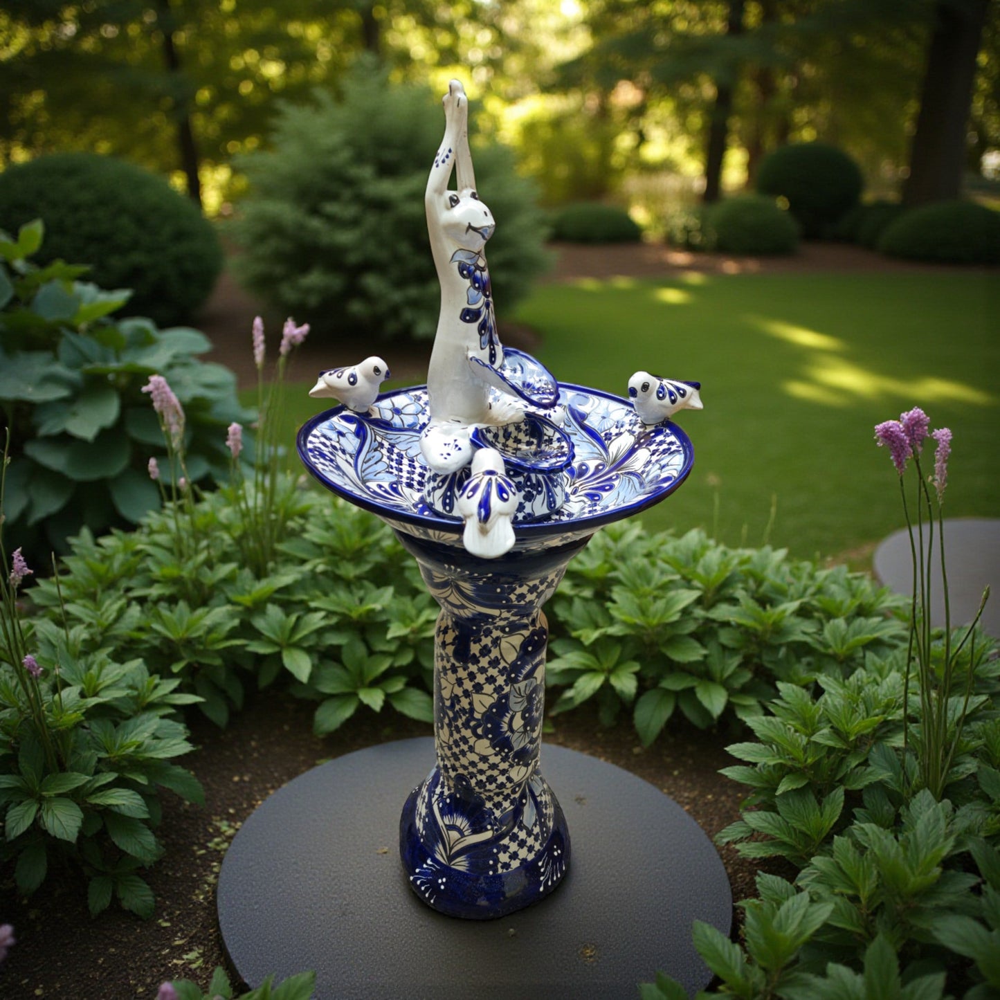 Blue & White Talavera Frog Fountain with Rim Birds | Mexican Garden