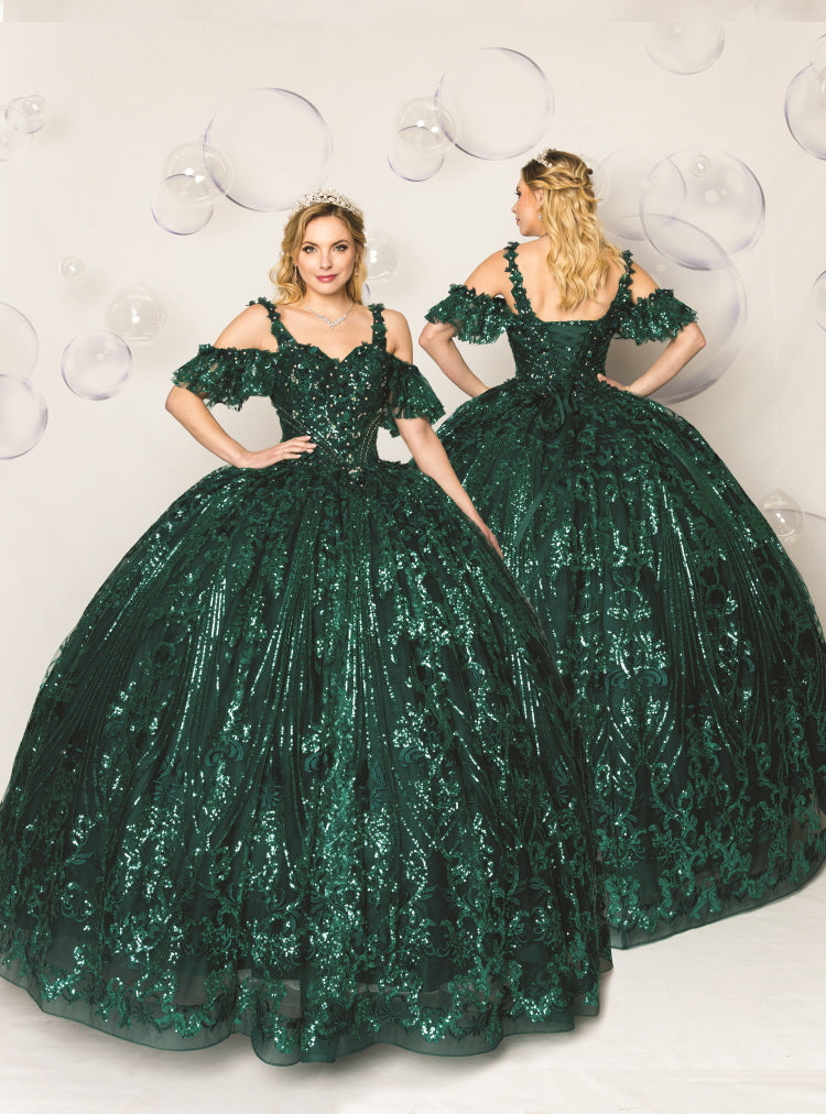 (Live 41)Quinceanera Ball Gown Dress - 3d Flower & Metallic Embroidery, Short Sleeve, Elegant Classic Summer Style for Special Occasions