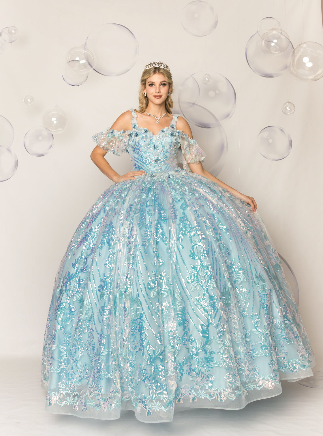(Live 41)Quinceanera Ball Gown Dress - 3d Flower & Metallic Embroidery, Short Sleeve, Elegant Classic Summer Style for Special Occasions
