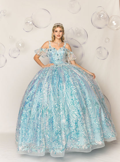 (Live 41)Quinceanera Ball Gown Dress - 3d Flower & Metallic Embroidery, Short Sleeve, Elegant Classic Summer Style for Special Occasions
