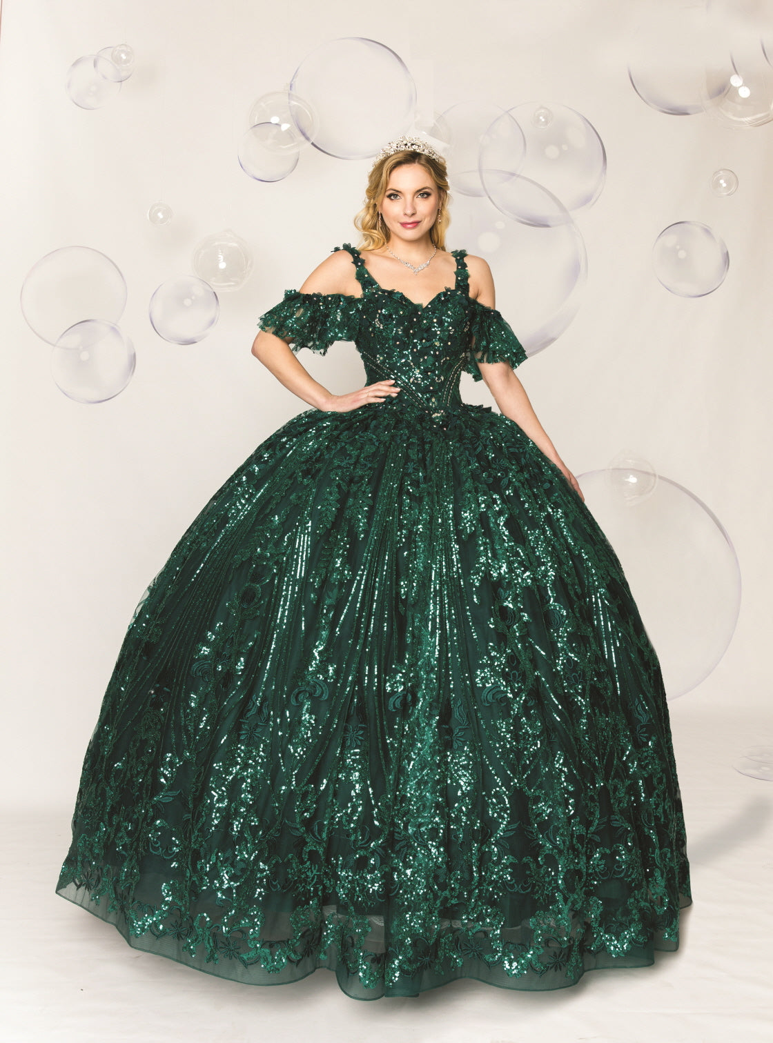 (Live 41)Quinceanera Ball Gown Dress - 3d Flower & Metallic Embroidery, Short Sleeve, Elegant Classic Summer Style for Special Occasions