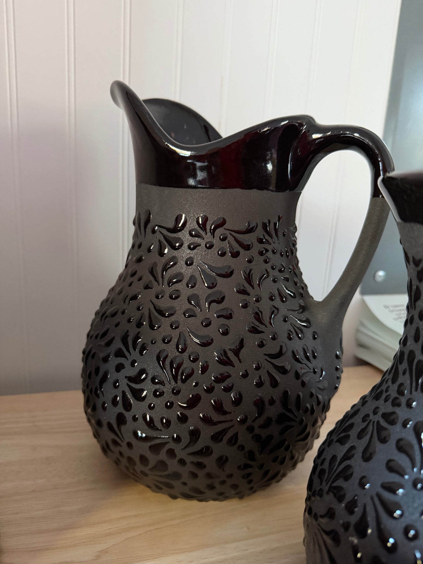 Talavera Style Black Hand-Painted Pitcher - Jarra Negra Barro