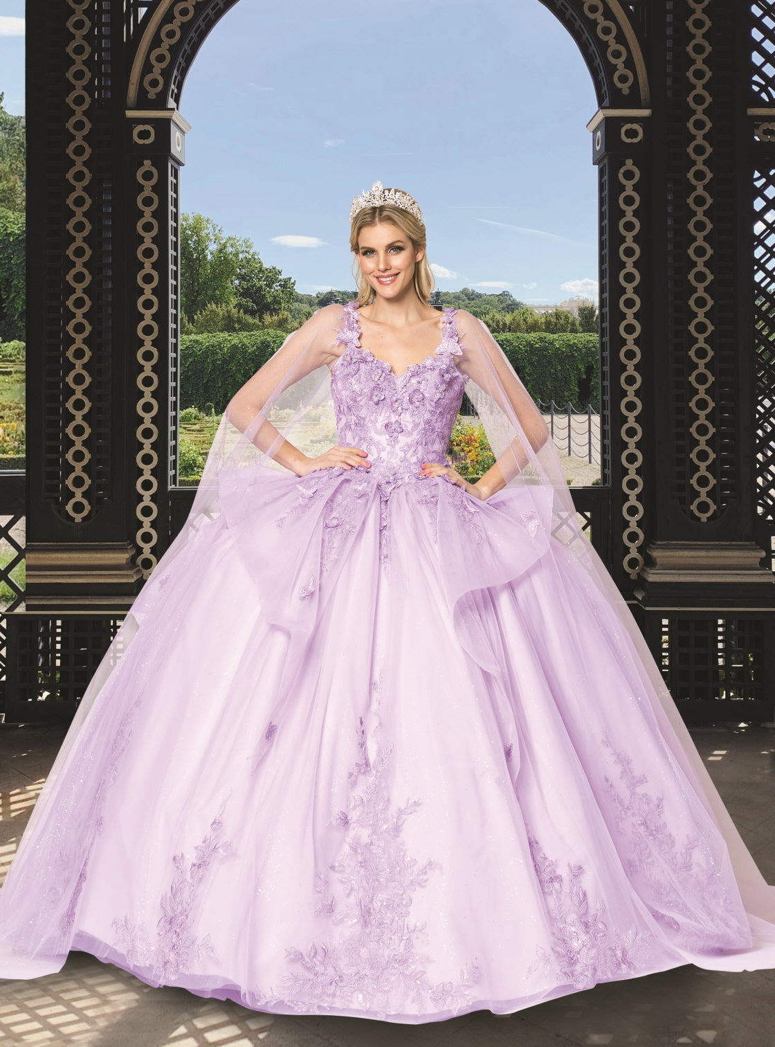 (LIVE 44) Quinceanera Ball Gown Dress - 3D Butterfly & Flower Embroidery Tulle Sweet 15 Dress in Lilac Color