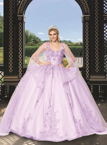 (LIVE 44) Quinceanera Ball Gown Dress - 3D Butterfly & Flower Embroidery Tulle Sweet 15 Dress in Lilac Color