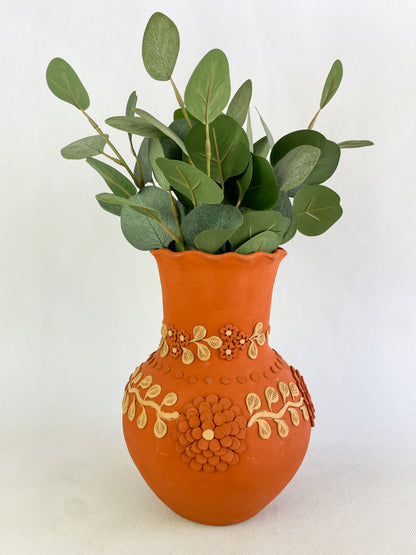 Velasco Oaxaca Pottery Vase Florero Barro Rojo Clay Filigrana Clay Embroidery