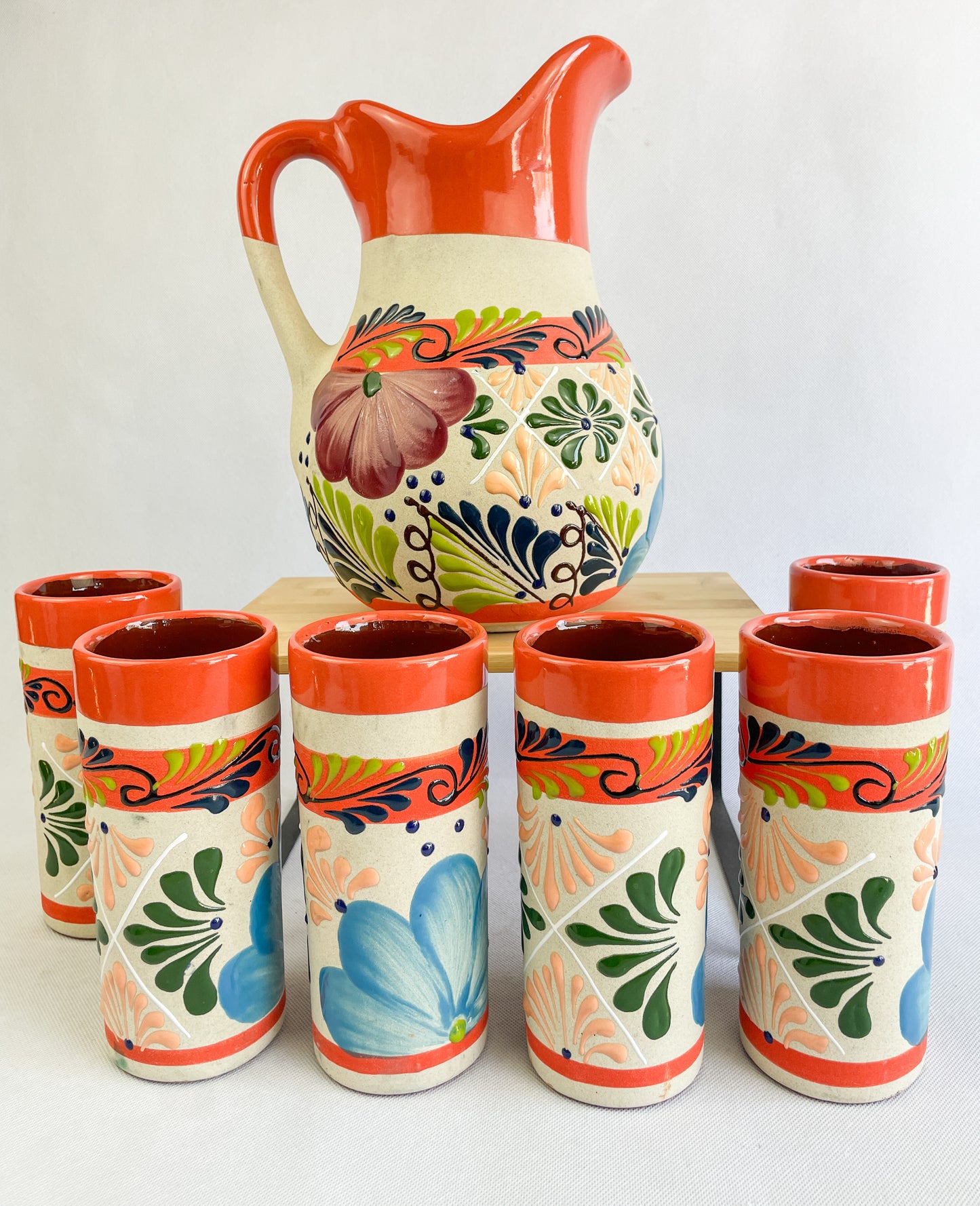 Clay Water Pitcher Set 7 Pc Mexican Clay Pitcher With Tumblers Jarra Con Vasos