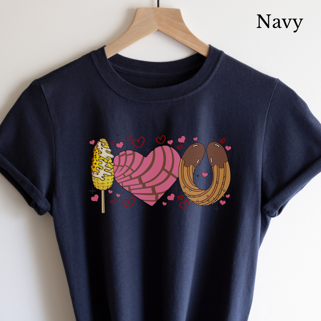 I love you shirt with elote, concha y churro. Mexican Unisex Heavy Cotton Tee. Mexican Valentines Day. Pan dulce shirt.