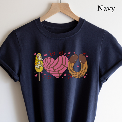 I love you shirt with elote, concha y churro. Mexican Unisex Heavy Cotton Tee. Mexican Valentines Day. Pan dulce shirt.