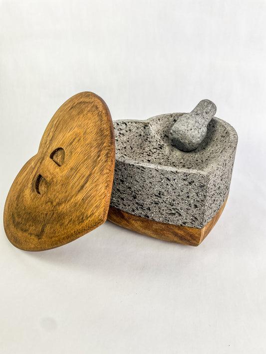 Heart Shaped Molcajete With Wood Base And Lid Mexican Mortar And Pestle Authentic Molcajete