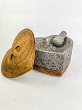 Load image into Gallery viewer, Heart Shaped Molcajete With Wood Base And Lid Mexican Mortar And Pestle Authentic Molcajete
