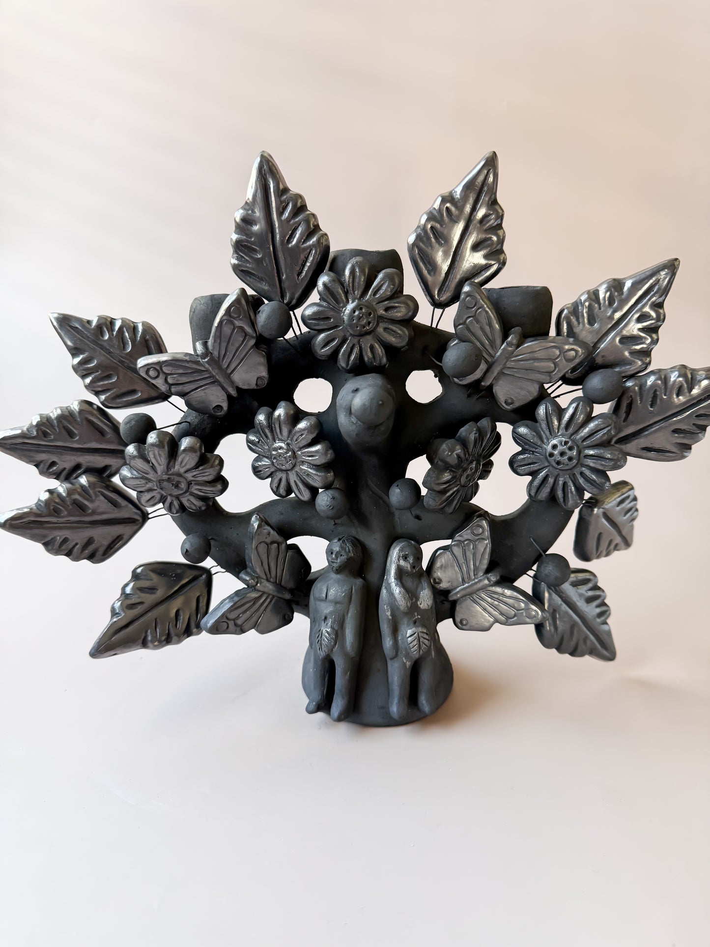 Oaxaca Black Pottery Tree Of Life Candle Holder Candelabra Arbor de la Vida Barro Negro