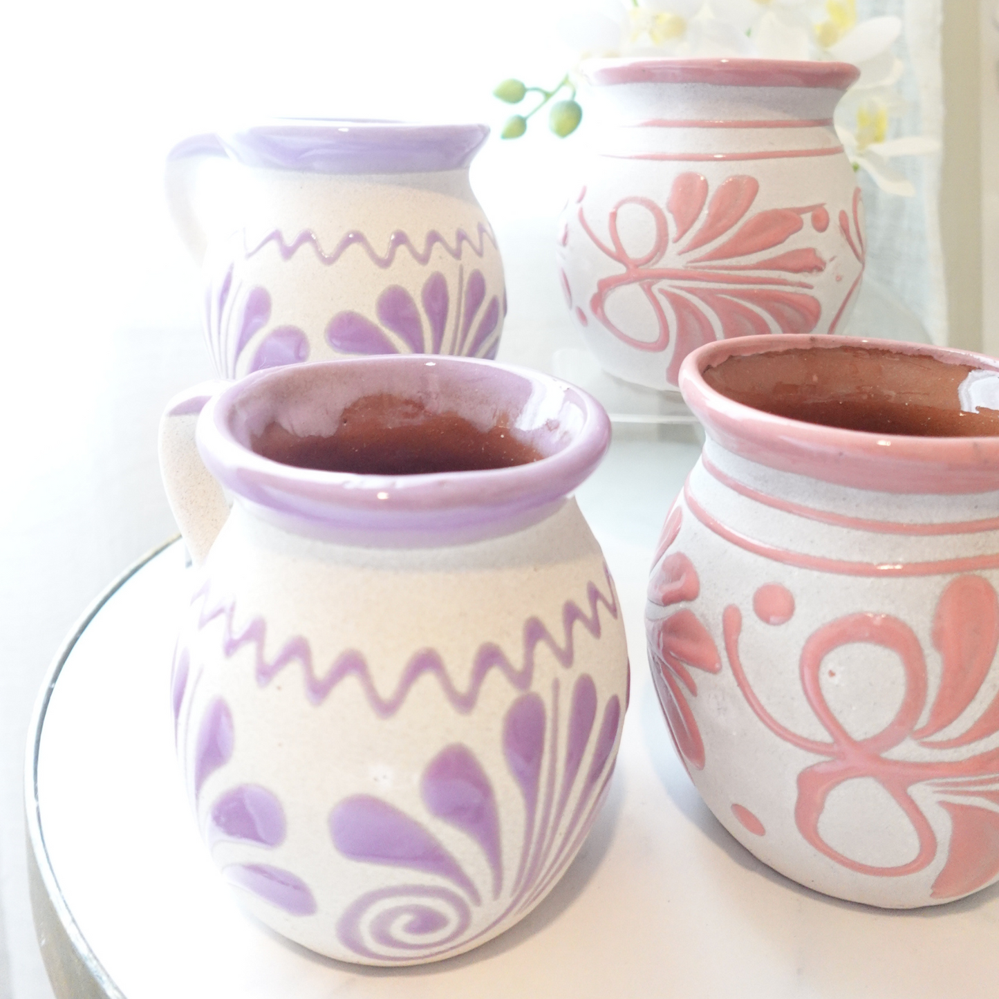 Pink and purple Mug set 2 or 4 Mexican coffee taza handmade clay, barro