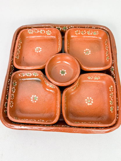 Mexican Red Clay Square 10 Inch Snack Tray 6 Piece Charola Para Botanas Salsera Botanera