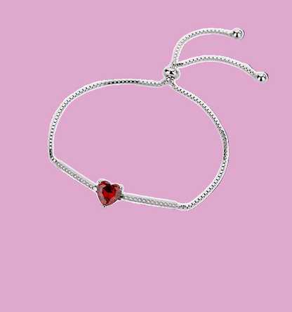 Silver Sterling 925 Adjustable Bracelet with Red CZ Heart - Pulcera Plata Corazon
