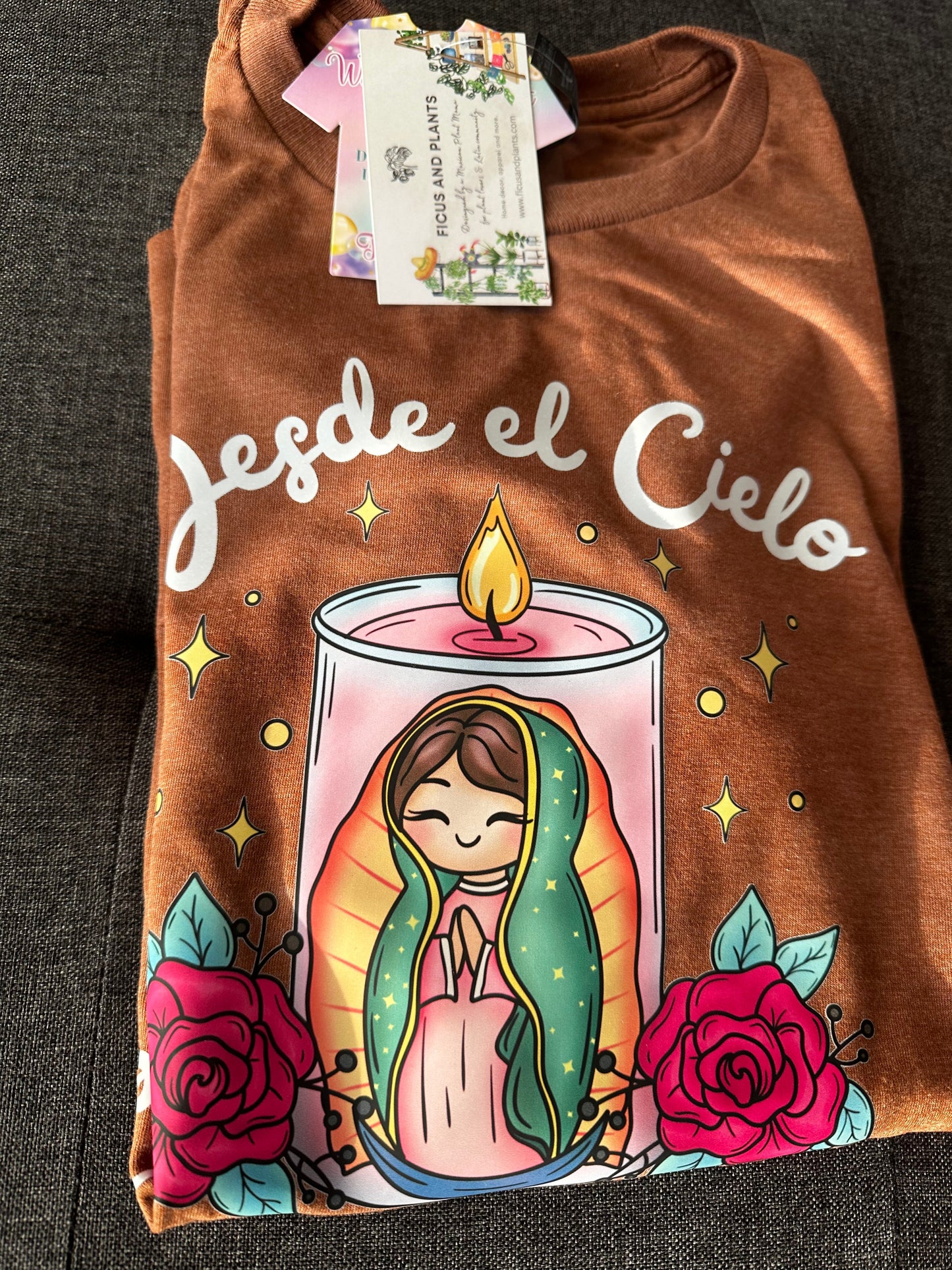Brown tshirt Desde el cielo una hermosa mañana . Virgen de Guadalupe shirt.