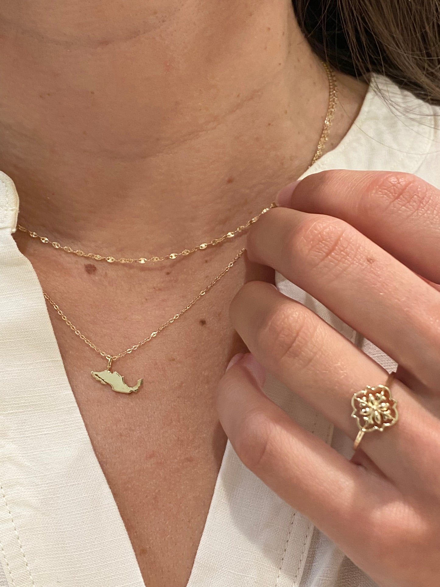 Woman wearing a Mexico map 14K gold pendant necklace layered with delicate gold chain and floral gold ring, close-up jewelry detail