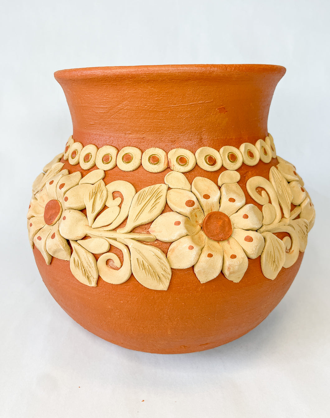 Oaxaca Round Flower Vase 8 inches Jarron de Barro Bordado
