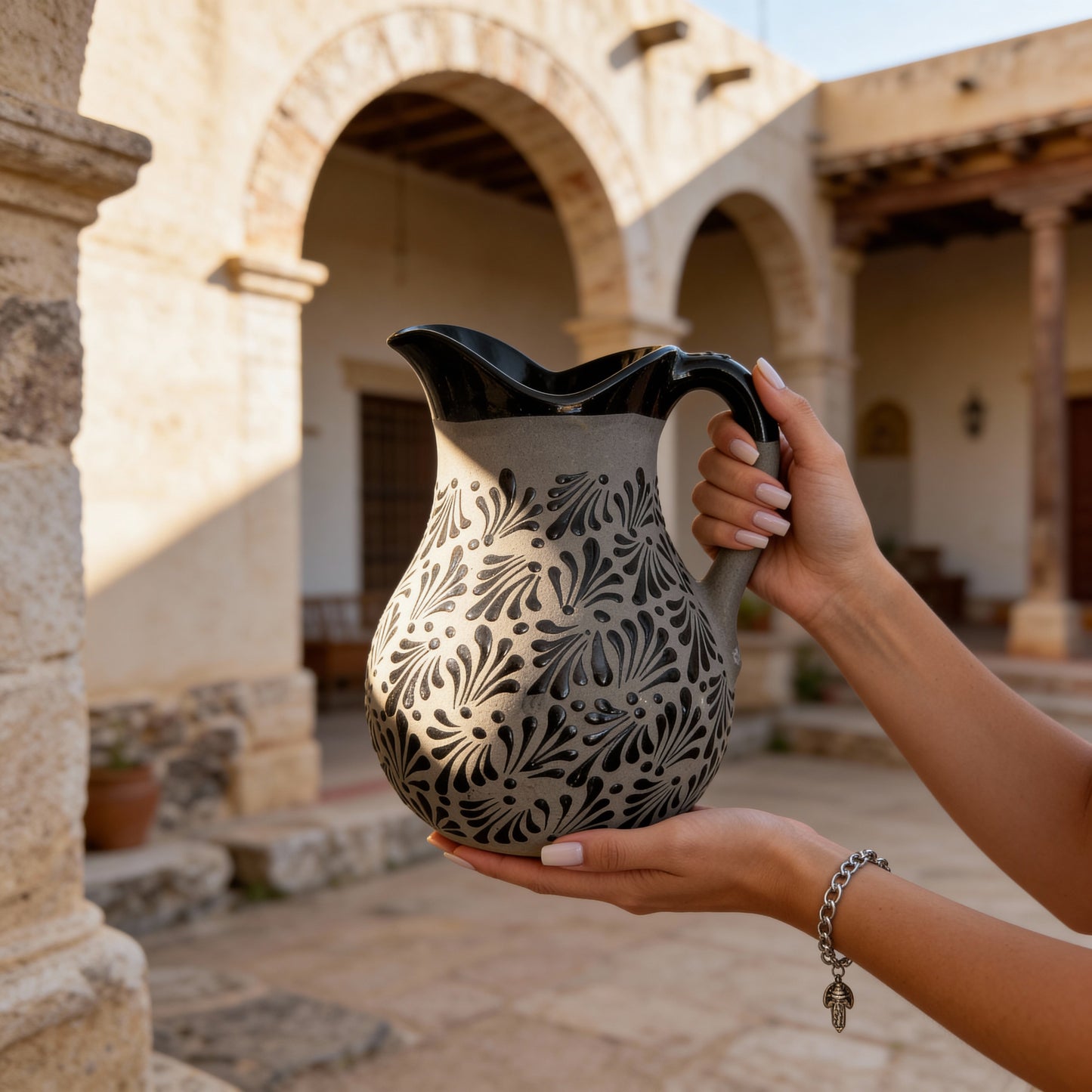 Talavera Style Black Hand-Painted Pitcher - Jarra Negra Barro