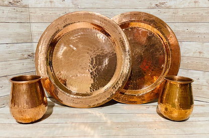 Mexican Copper Plates and Cups 4pc Set - Set Platos Vasos Cobre