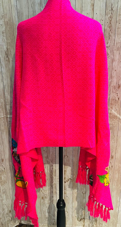 Hot Pink Frida Kahlo Embroidered Shawl - Rebosos Bordado