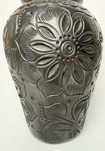Oaxaca Black Clay Tall Black Pottery Vase Barro Negro San Bartolo Jarron