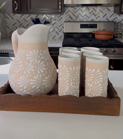 Talavera Style Pitcher Set 7pc Pink Brown White -  Juego Jarra