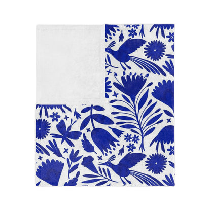 Blue and white Otomi soft blanket for Mexican home decor