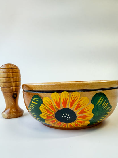 Mexican Hand painted Wooden Mortar And Pestle - Molcajete Parota