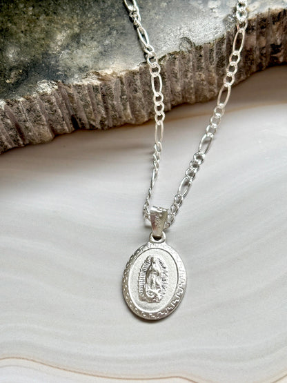 Virgin Mary Necklace sterling silver 925 | Figaro chain necklace 19”| Virgencita necklace