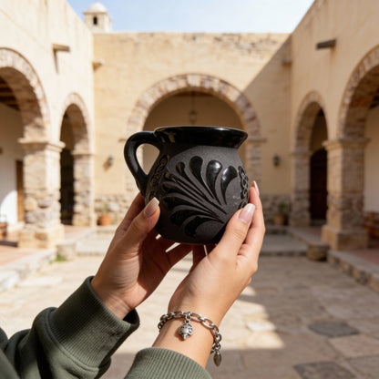Black Talavera Style Mug Hand-Painted Mug- Taza Barro