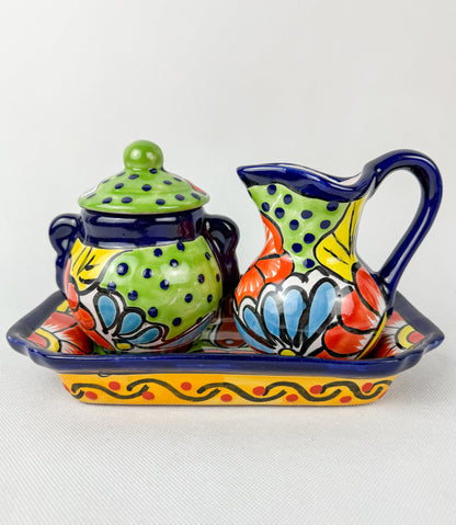 Mexican Talavera Coffee Sugar and Creamer Set With Serving Tray 3 Piece Set