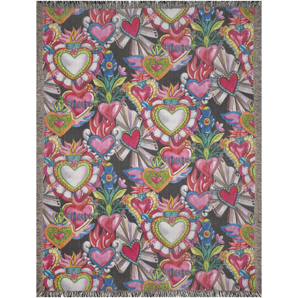 Collage of sacred hearts Woven Blanket. Mexican folklore art for him or her. Picnic blanket, beach blanket, throw blanket.