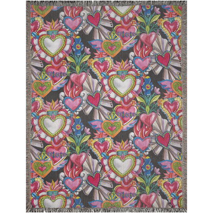 Collage of sacred hearts Woven Blanket. Mexican folklore art for him or her. Picnic blanket, beach blanket, throw blanket.