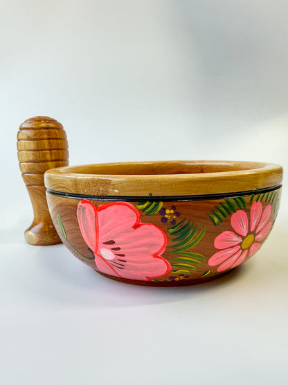 Mexican Hand painted Wooden Mortar And Pestle - Molcajete Parota