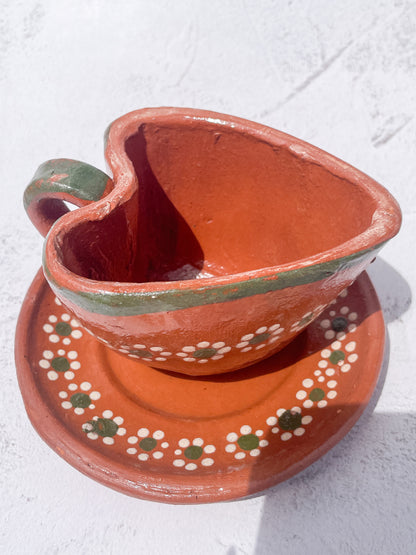 Tonala Mexican Clay Heart Set Mug and Plate Lead Free Clay Mug Taza De Corazon Terracotta