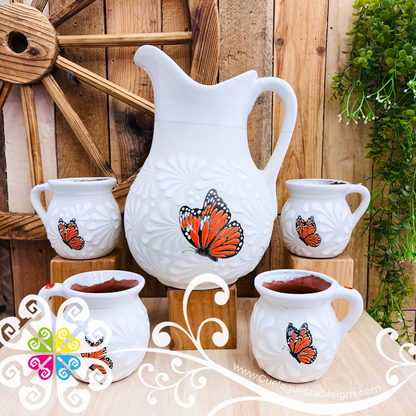 Mariposa Monarca White Espiga Pato Pitcher Set - 4 Mugs